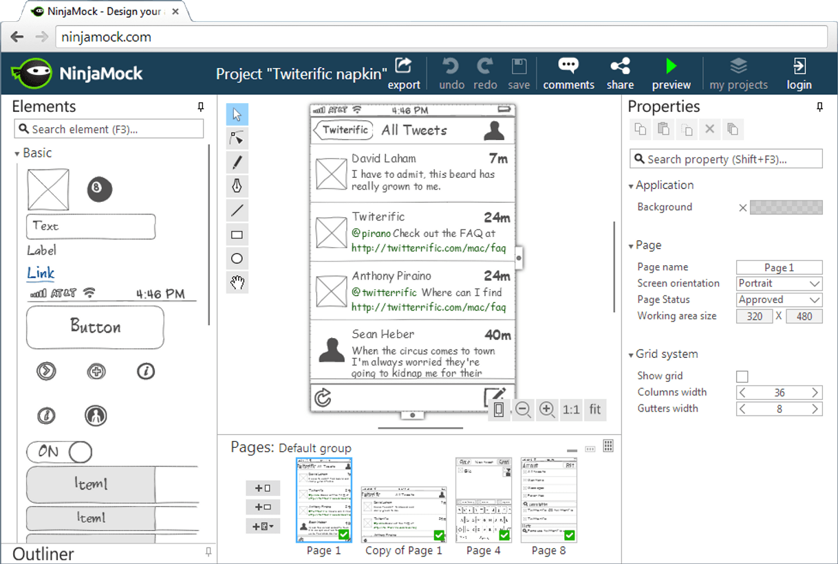 Moda NinjaMock online wireframe and mockup tool