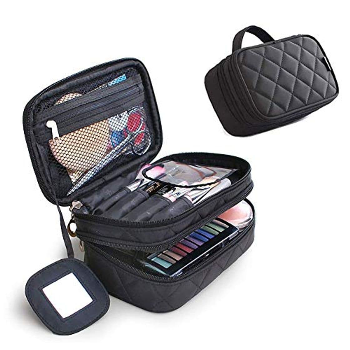 Moda Cosmetics Bolsa de maquillaje de doble capa con espejo belleza brochas de maquillaje bolsas de viaje Kit Organizador Cosmético Bolsa Profesional Multifuncional Organizador para Mujer