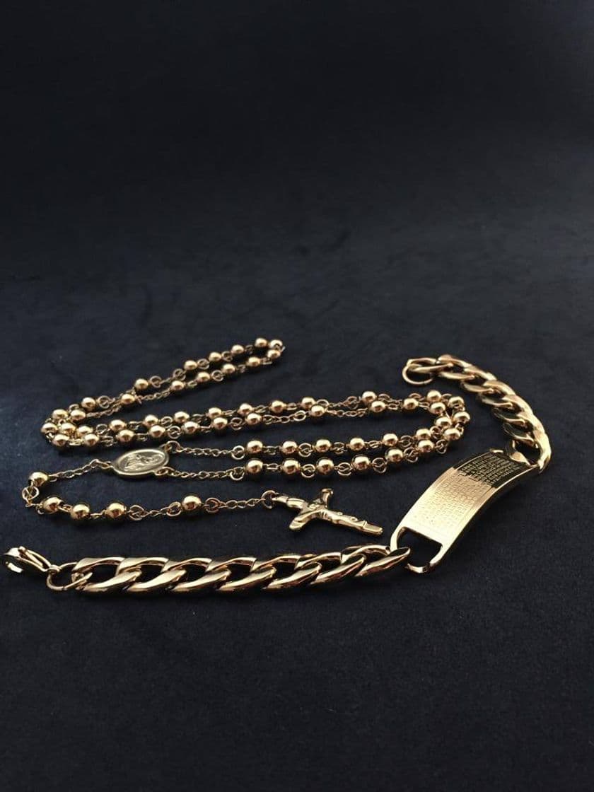 Fashion Terço c/ Pulseira c/ Escrita do Pai Nosso Banhado a Ouro 18K