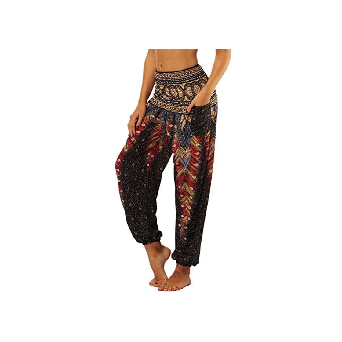 Producto Nuofengkudu Mujer Pantalones Hippies Tailandeses Estampado Verano Cintura Alta Elastica con Bolsillos