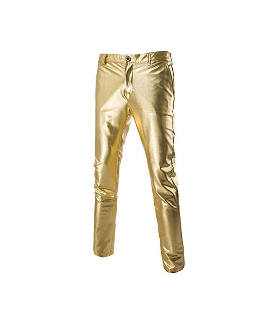 Product Sliktaa Pantalones Casuales para Hombre Cuero Metálico Brillante Oro Plata Golf