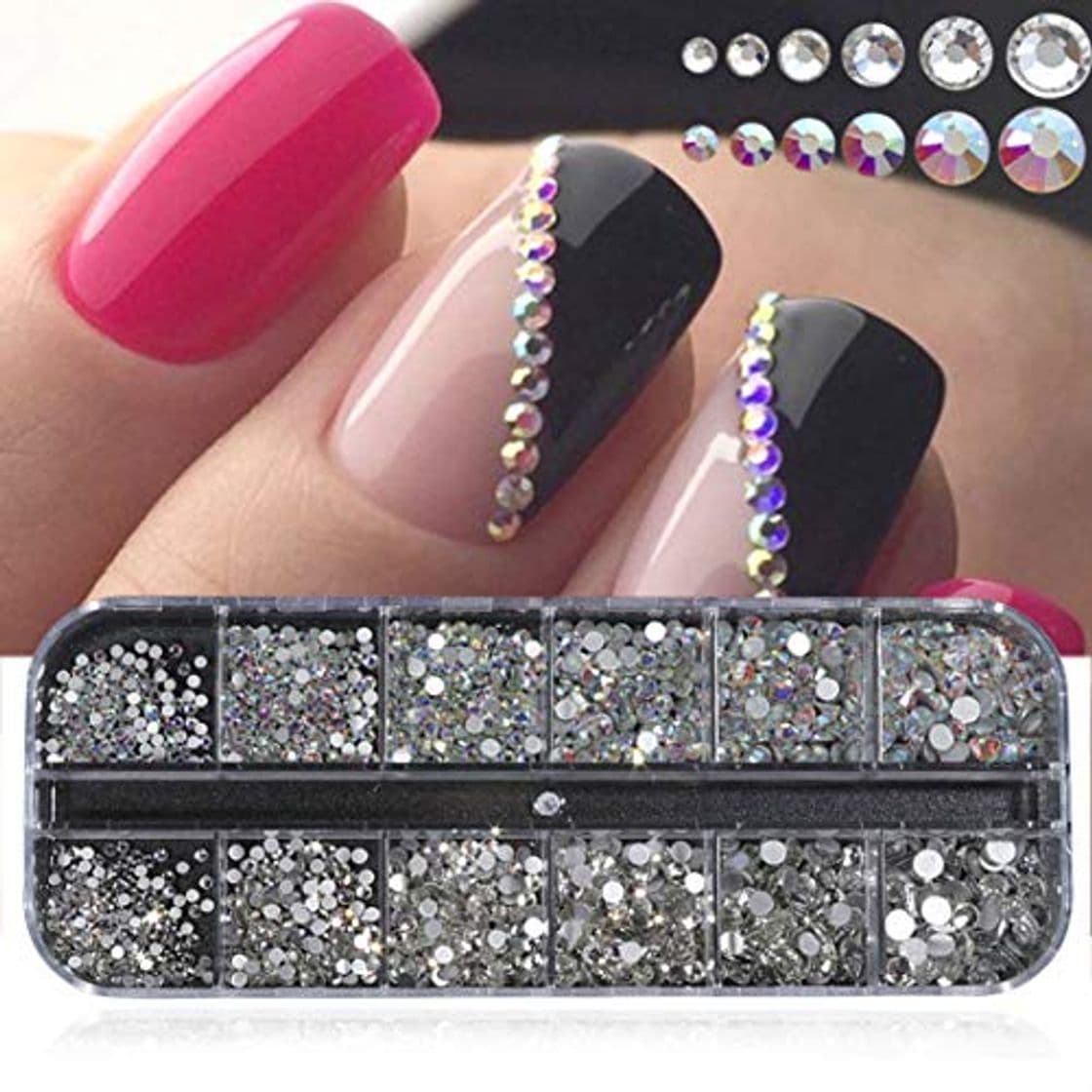 Moda Caja de 12 rejillas Cristal brillante Ab Uñas Piedras Strass Flat Back