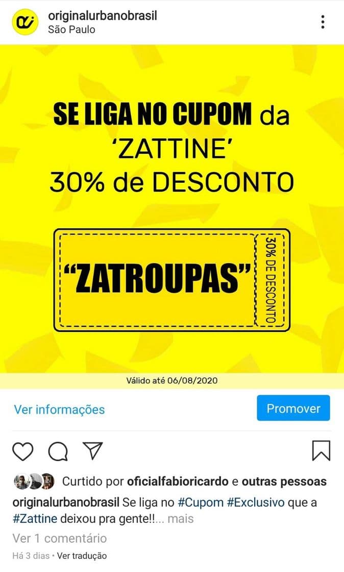 Producto Cupom de desconto ZATTINE 30%