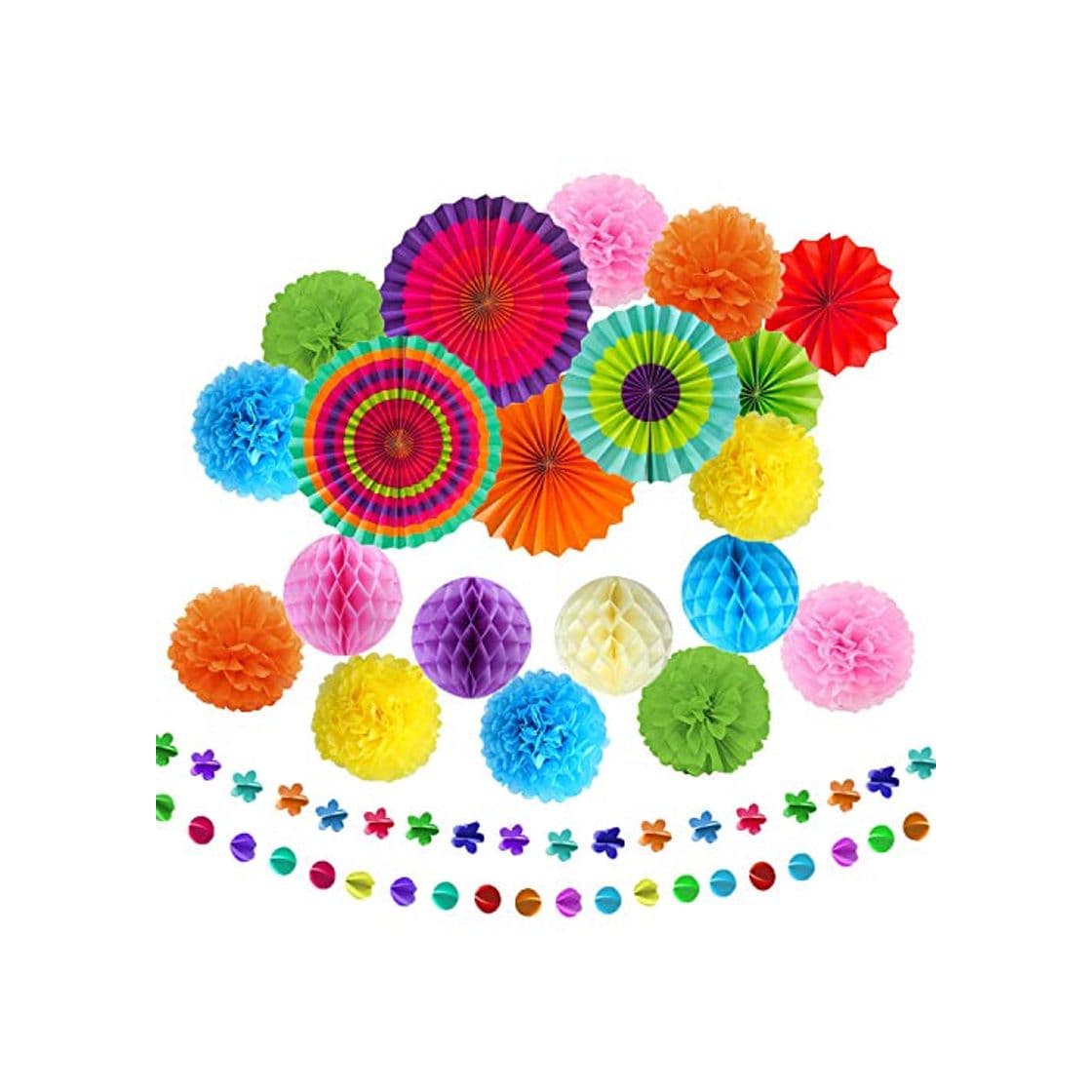 Producto TATAFUN 24 Piezas Decoración Fiesta Abanicos de Papel Flores Pompom Bolas de Nido de Abeja Guirnaldas para Celebración Fiesta de Cumpleaños Bodas Carnaval Mexicano