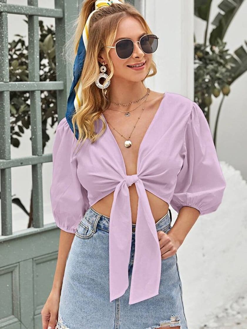 Fashion Lantern Sleeve Tie Front Crop Top