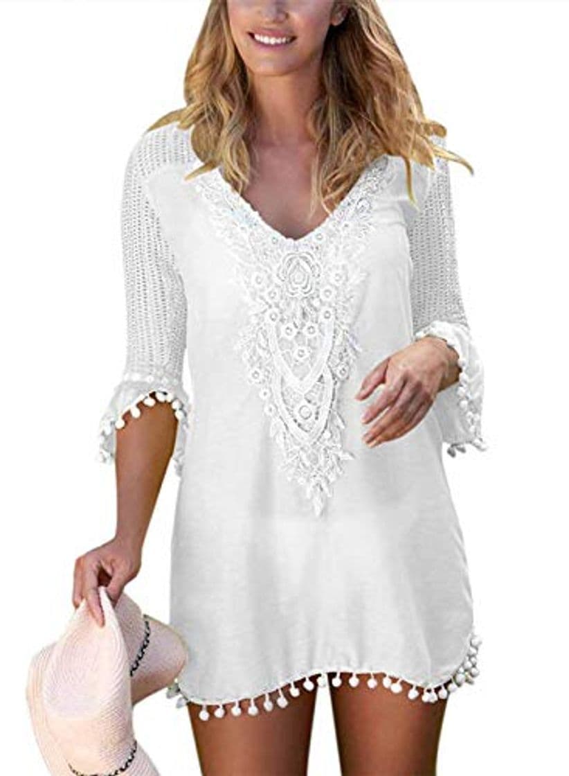 Producto EDOTON Camisolas y Pareos para Mujer, Blusa Vestido Crochet Pom Pom Ajuste