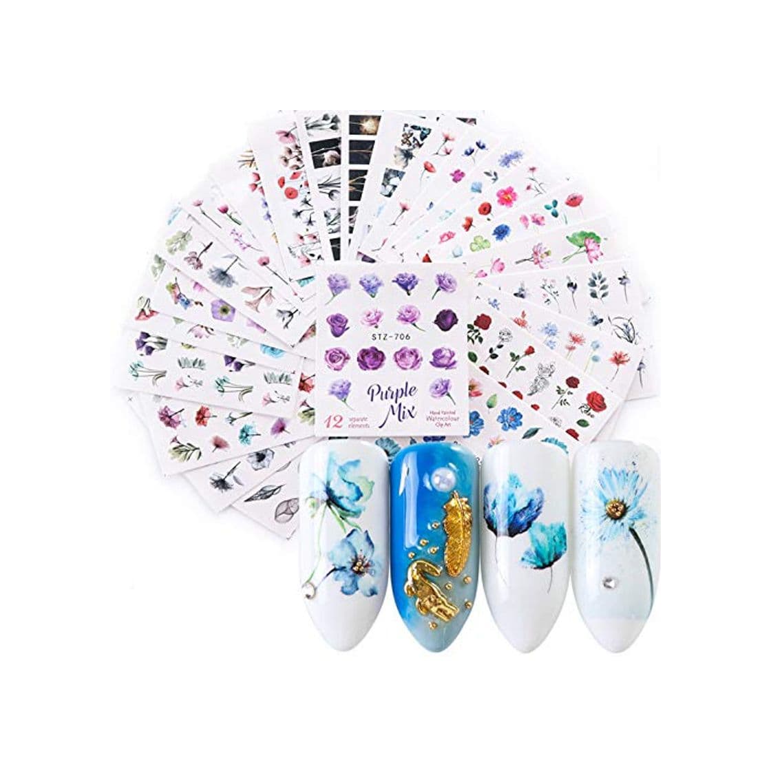 Beauty Pegatinas Uñas，Kapmore 24 Hojas Pegatinas Uñas Decorativas Nail Art Stickers Elegante Estampado