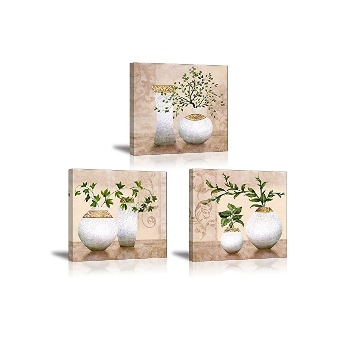 Product PIY 3X Cuadro Sobre Lienzo Imagen de Plantas Verdes Elegantes en Botellas de jarrón Canvas Wall Art de la Lona Arte de Pared Listo para Colgar Cuadros Sobre el Lienzo con Sala Comedor Cocina 30x30cm