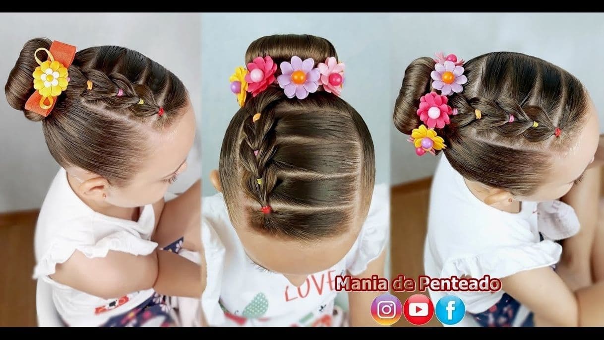 Fashion Penteado Infantil com trança falsa e coque rosquinha / Bun hairstyle ...