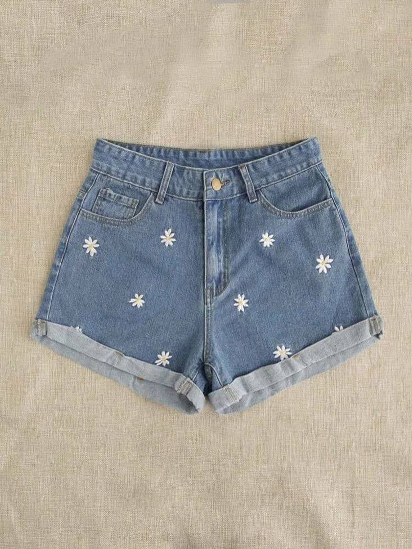 Moda Shorts Denim Con Bordado Floral De Margarita