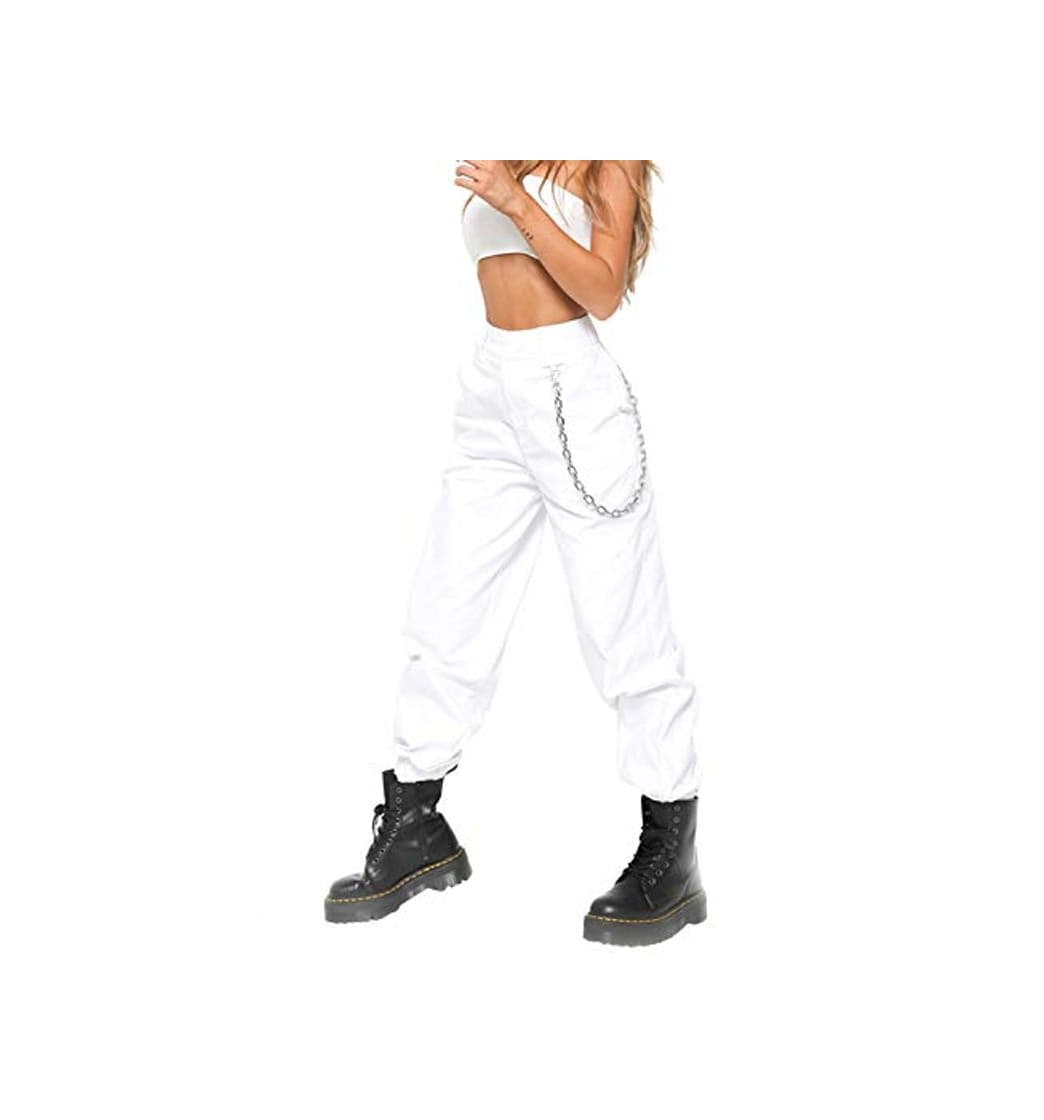 Product Landove Pantalones largos con la cadena y los bolsillos holgados Hip Hop Harem para Mujeres Bianco S