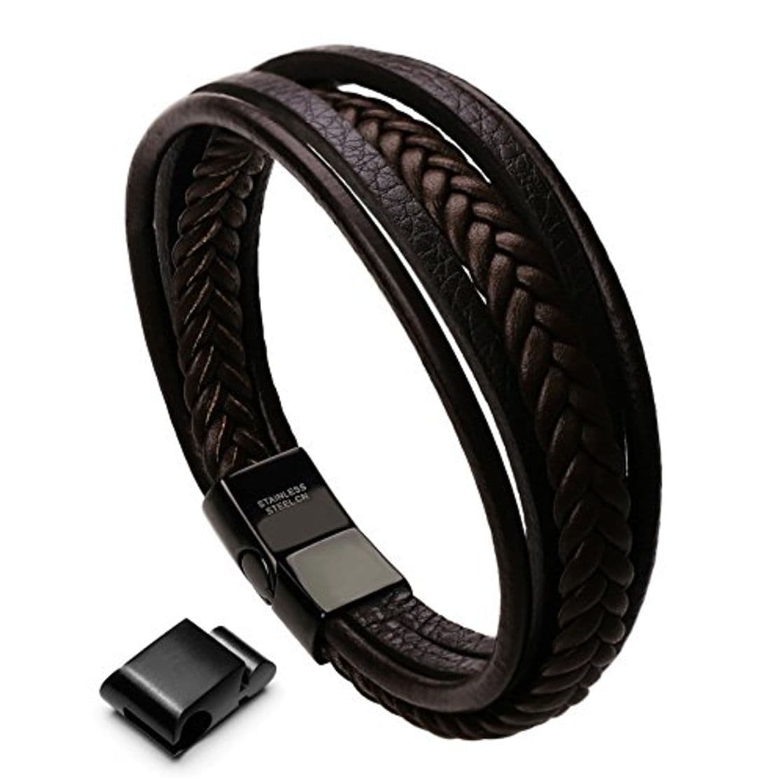 Product murtoo Pulsera Hombre Cuero Acero Inoxidable Cierre Magnética Negro Cuero Marrón Negro