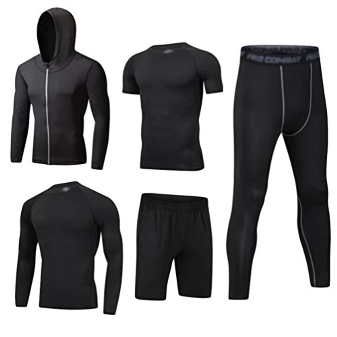 Producto Dooxii Hombre 5 Piezas Secado Rápido Conjunto Compresión Ropa Sudaderas con Capucha y Pantalones Cortos y Leggings y Manga Corta y Manga Larga Tops Apretada para Running Fitness Entrenamiento L