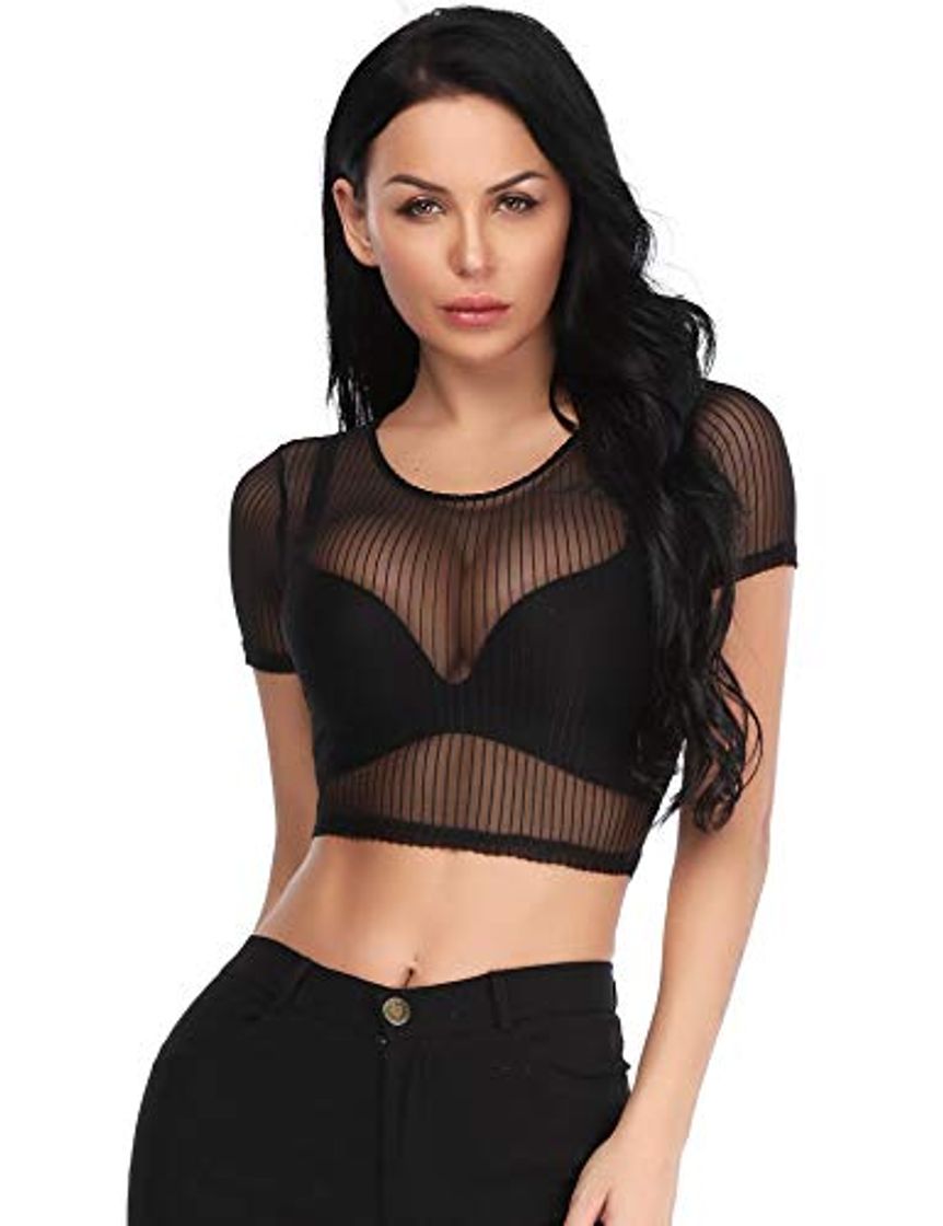 Producto Abollria Camiseta Transparente para Mujer Lace Top Corto Blusa de Malla Manga Corta Sexy Top de Encaje de Cuello Redondo para Primavera Verano