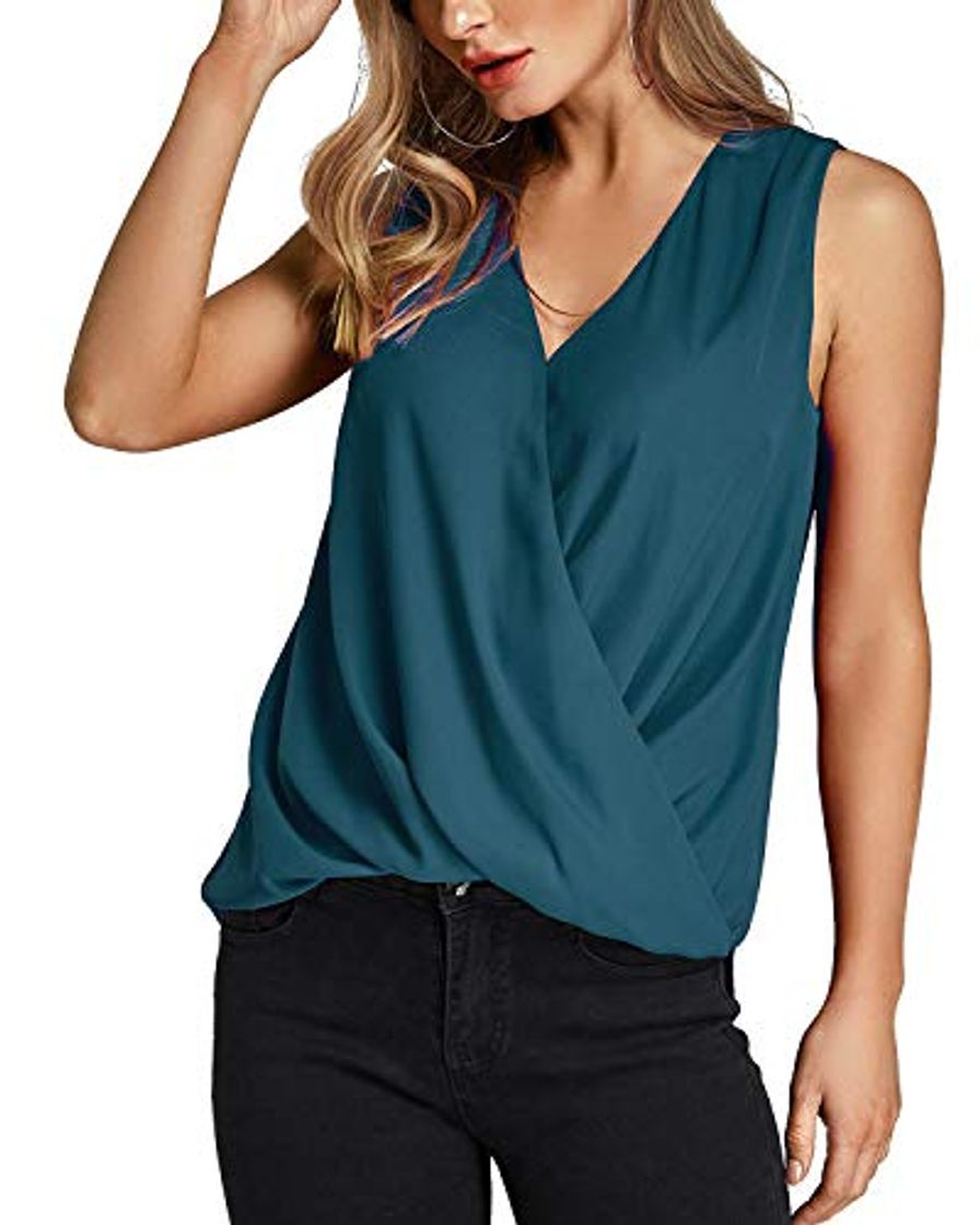 Product YOINS Camiseta Sin Mangas Mujer Camisola Gasa Camiseta con Cuello En V Camisa Trabajo Informal Playa Blusa Tops Verano Verde Claro XS