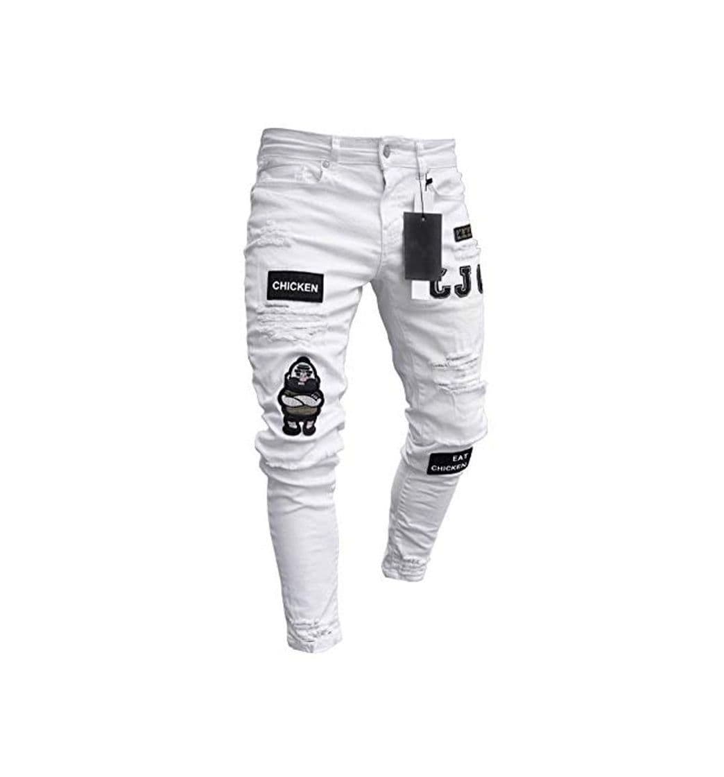 Producto Pantalones Vaqueros Hombres Rotos Pitillo Slim Fit Skinny Pantalone Casuales Elasticos Agujero Pantalón Personalidad Jeans de Insignia Blanco L