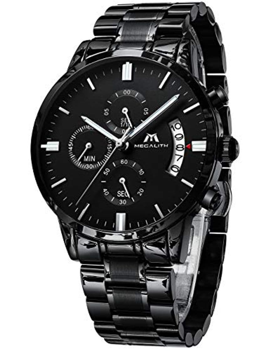 Fashion Relojes de Hombre Reloje Grandes de Pulsera Military Negro Cronógrafo Impermeable Acero Inoxidable Reloj para Hombres Calendario Analógico