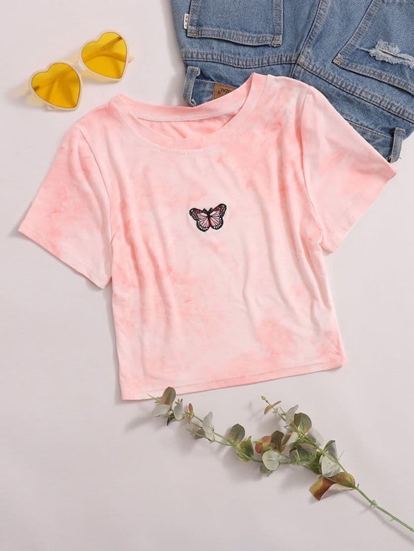 Moda Camiseta corta con bordado de mariposa de tie dye