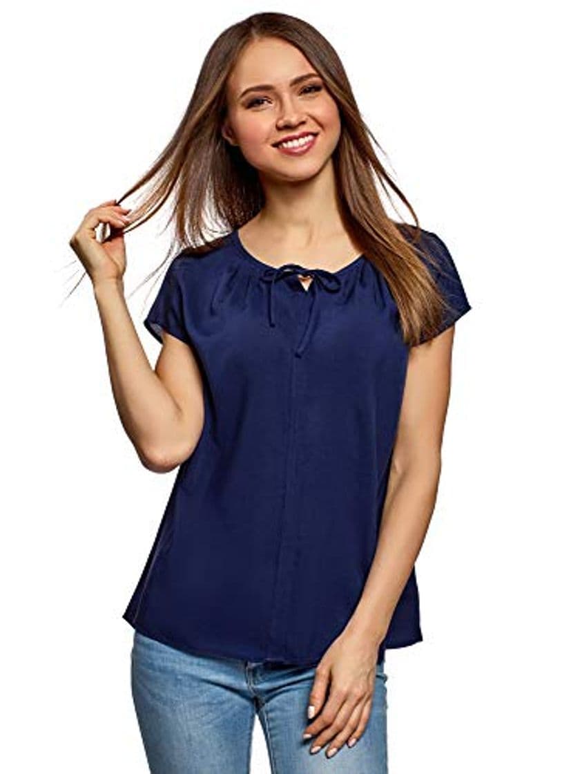 Producto oodji Ultra Mujer Blusa Ancha con Lazo, Azul, ES 38