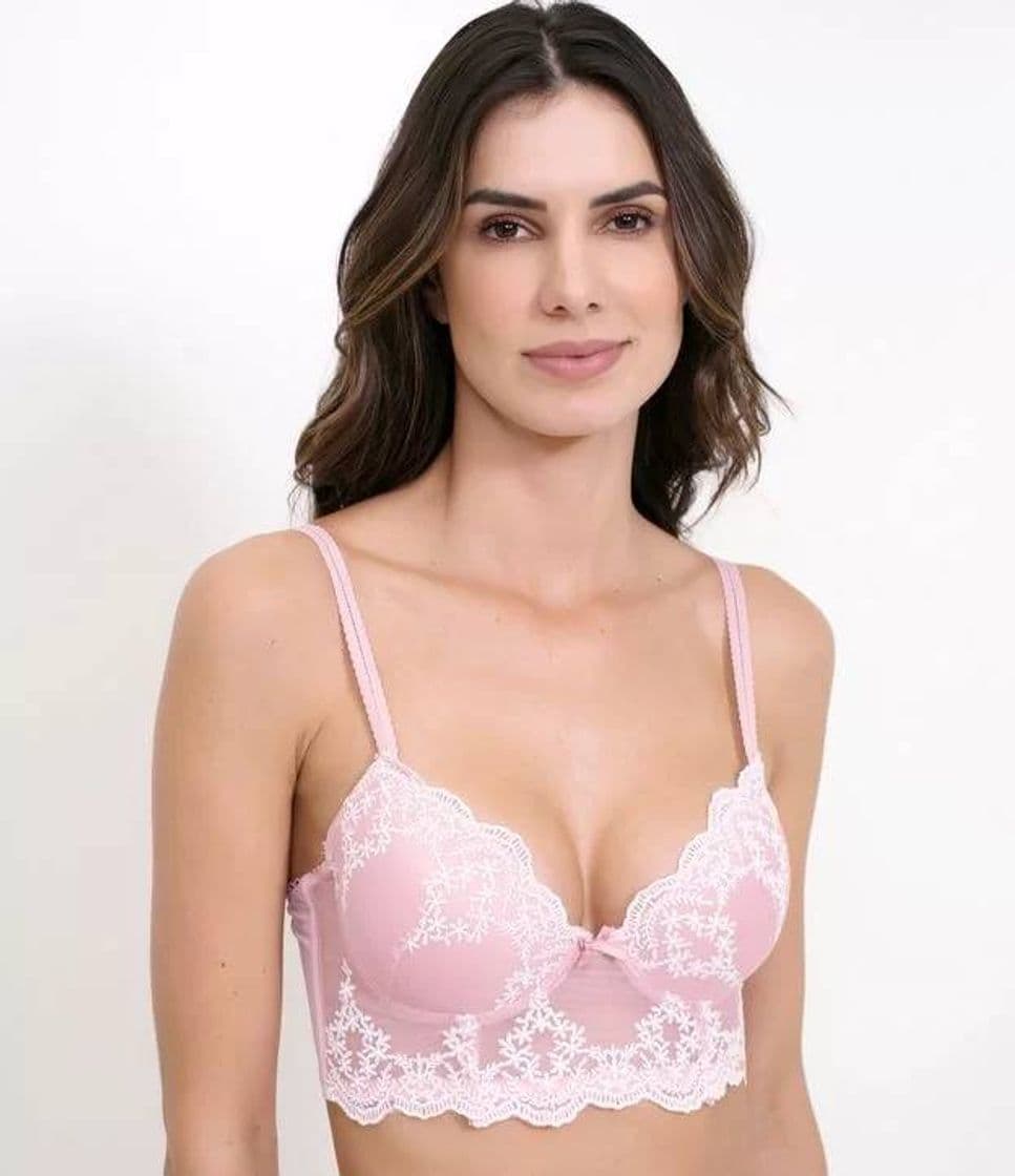 Fashion Sutiã Alongado com Tule Bordado Rosa Claro

