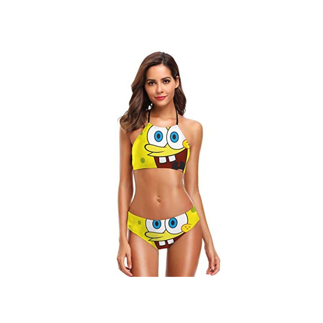 Fashion Conjunto de bikini halter para mujer Bob Esponja Cuadrado_Pantalones Impresión de cuello