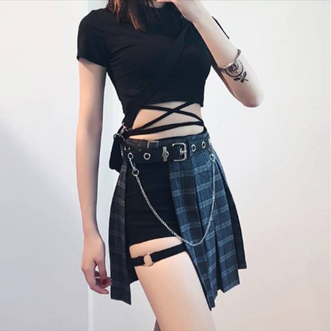 Fashion Hip hop irregular stitching plaid skirt