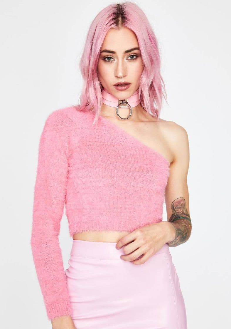 Producto Fuzzy One-Sleeve Crop Sweater Pink