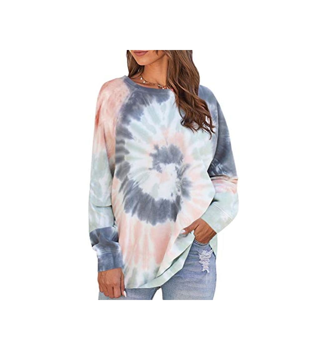 Fashion Byoauo Tie Dye Sudadera casual de manga larga para mujer azul L