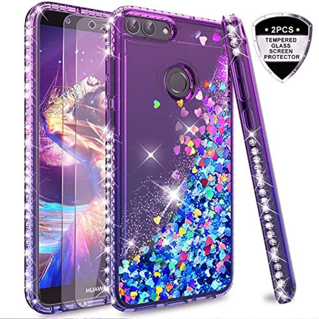 Producto LeYi Funda Huawei P Smart 2018 Silicona Purpurina Carcasa con [2-Unidades Cristal