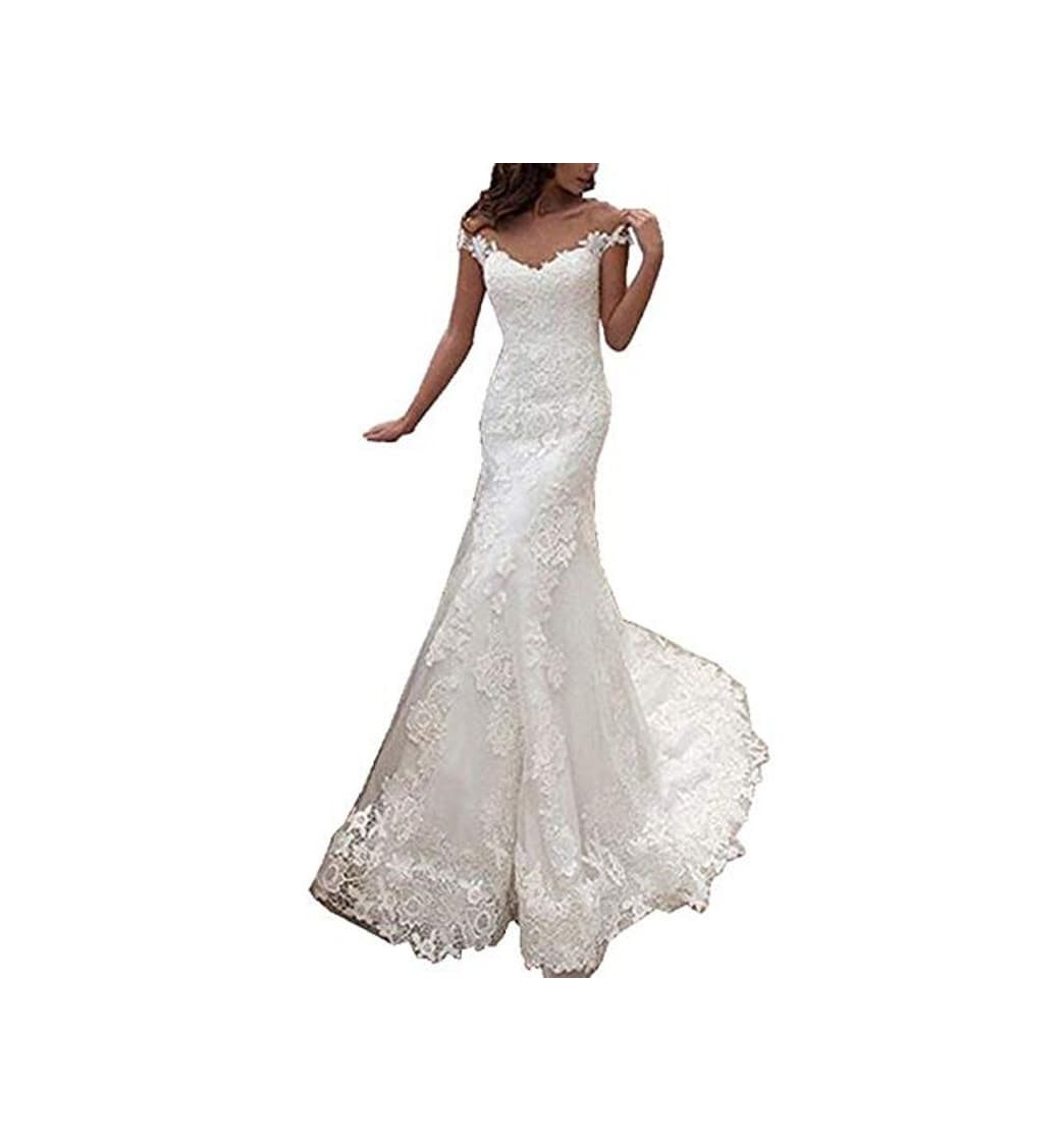 Product Vestido de Novia Mujer Sirena Largo Vestidos de Novia Encaje Manga del Casquillo Blanco EUR42