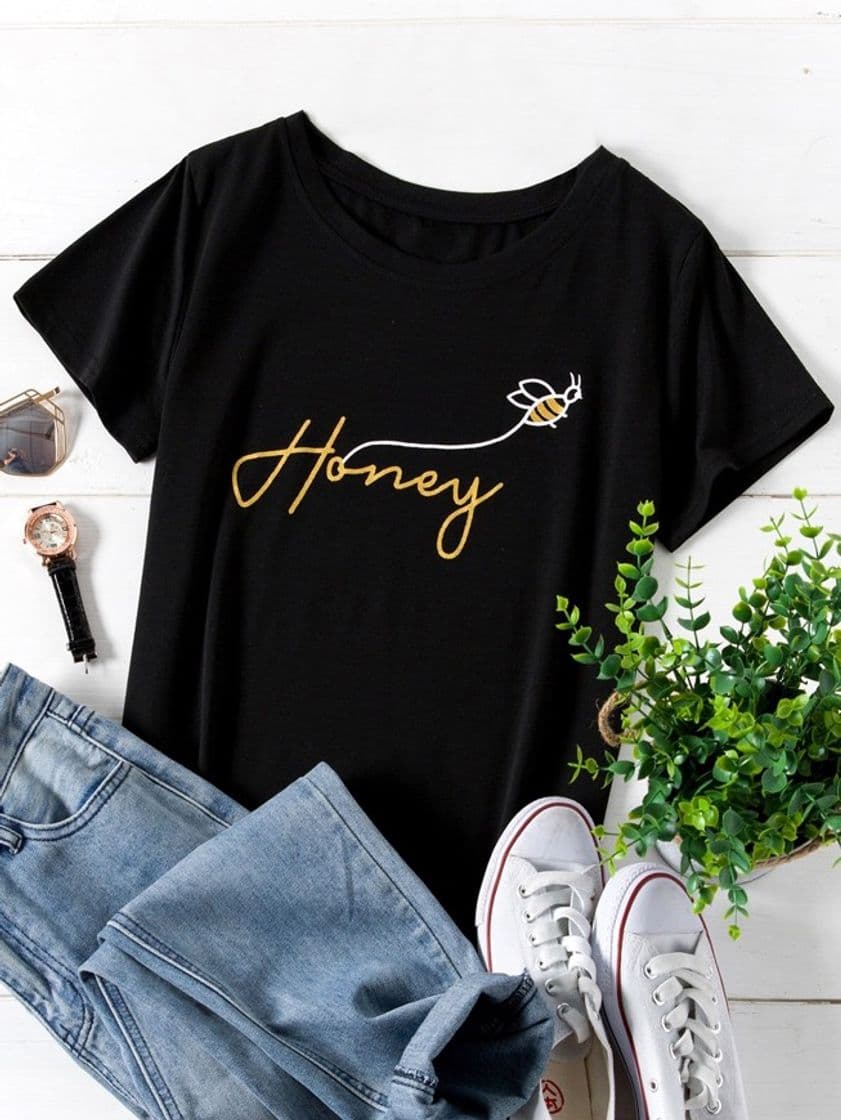 Moda Camiseta con estampado de abeja y letra 