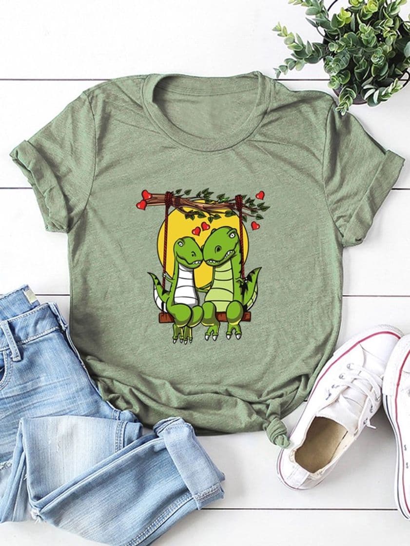 Moda Camiseta de manga corta con estampado de dinosaurio 