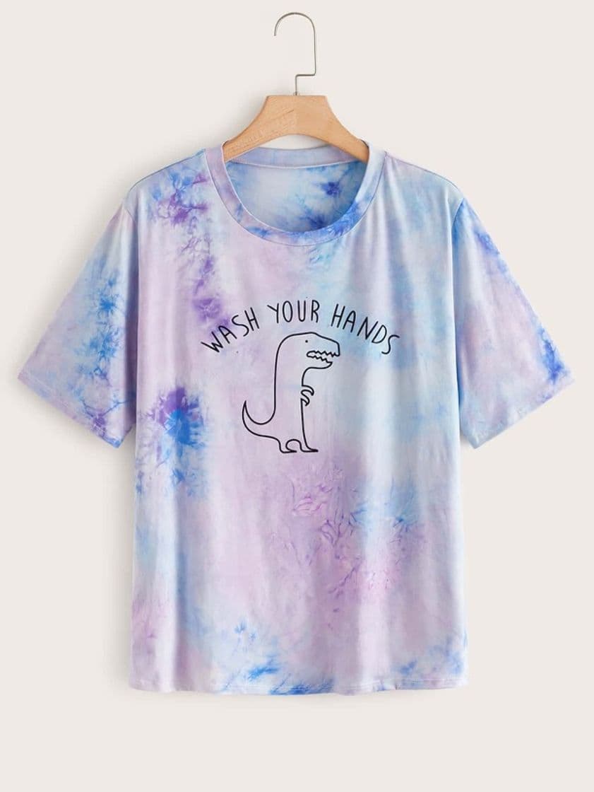 Moda Camiseta con estampado de slogan y dinosaurio de tie dye 