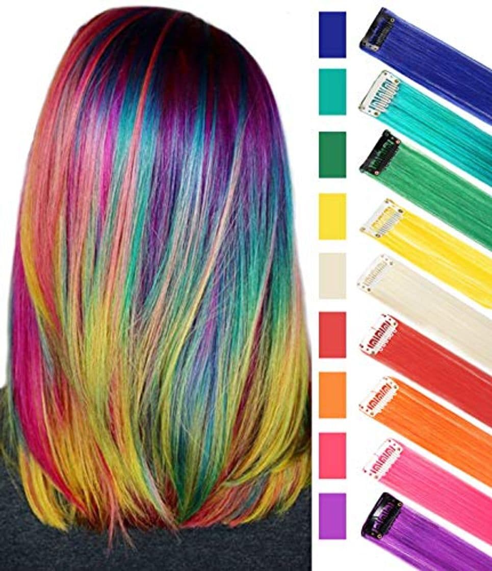 Producto 9 Piezas de Extensiones de Pelo con Clip Destacadas de Fiesta Coloridas,