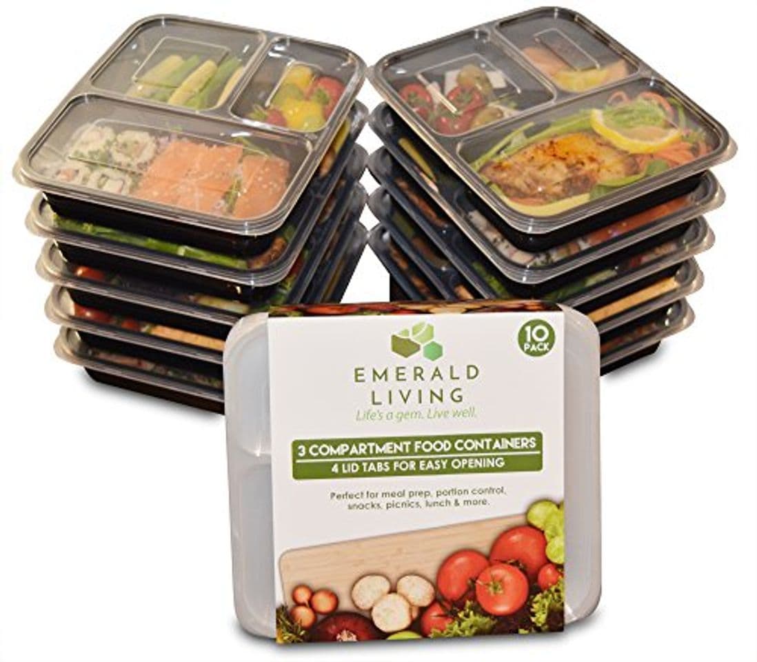 Home |10 pack| comida de 3 compartimentos Prep contenedores. Juego de Bento Box con tapas.