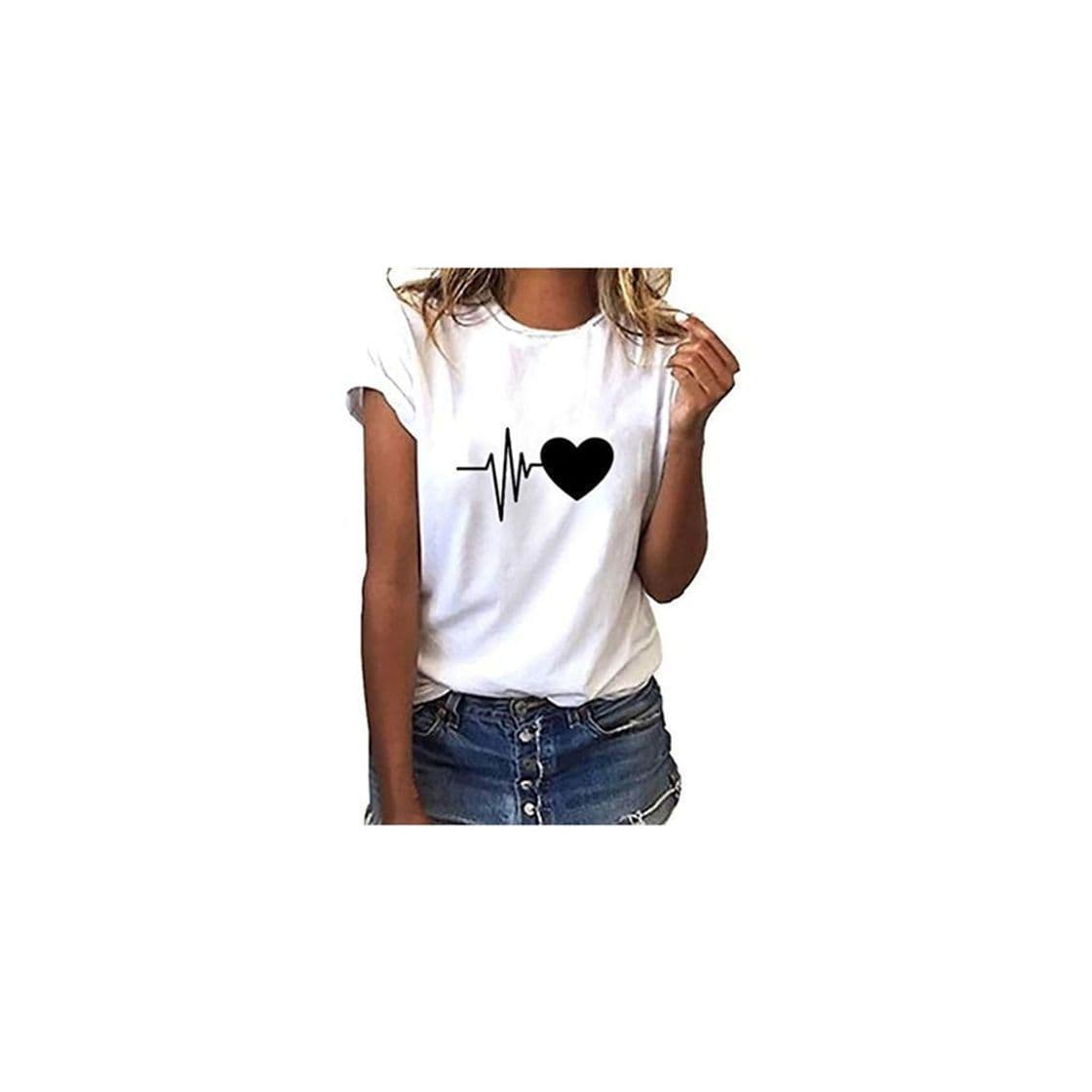 Moda Camiseta de Mujer Manga Corta Corazón Impresión Blusa Camisa Cuello Redondo Basica