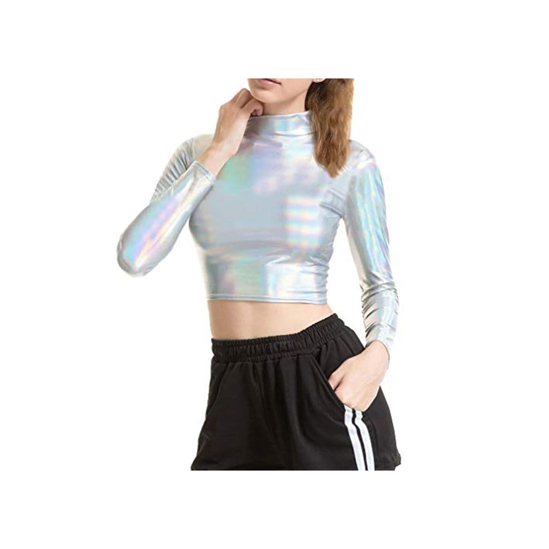 Product Juleya Mujeres Glitter Lentejuelas Camiseta Mujer Brillante Patente de Cuero de Manga Larga Cuello Cuello Alto Crop Top para Fiesta Desgaste Diario Láser