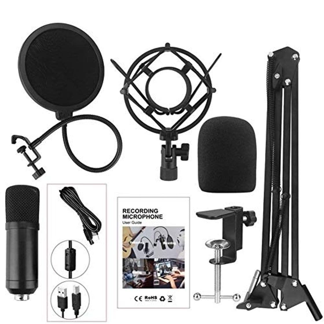 Product Podcast Micrófono condensador cardioide profesional PC Streaming Kit de micrófono USB con el brazo del auge montaje de choque del estallido de filtro y el parabrisas for la Difusión Micrófono de Conde