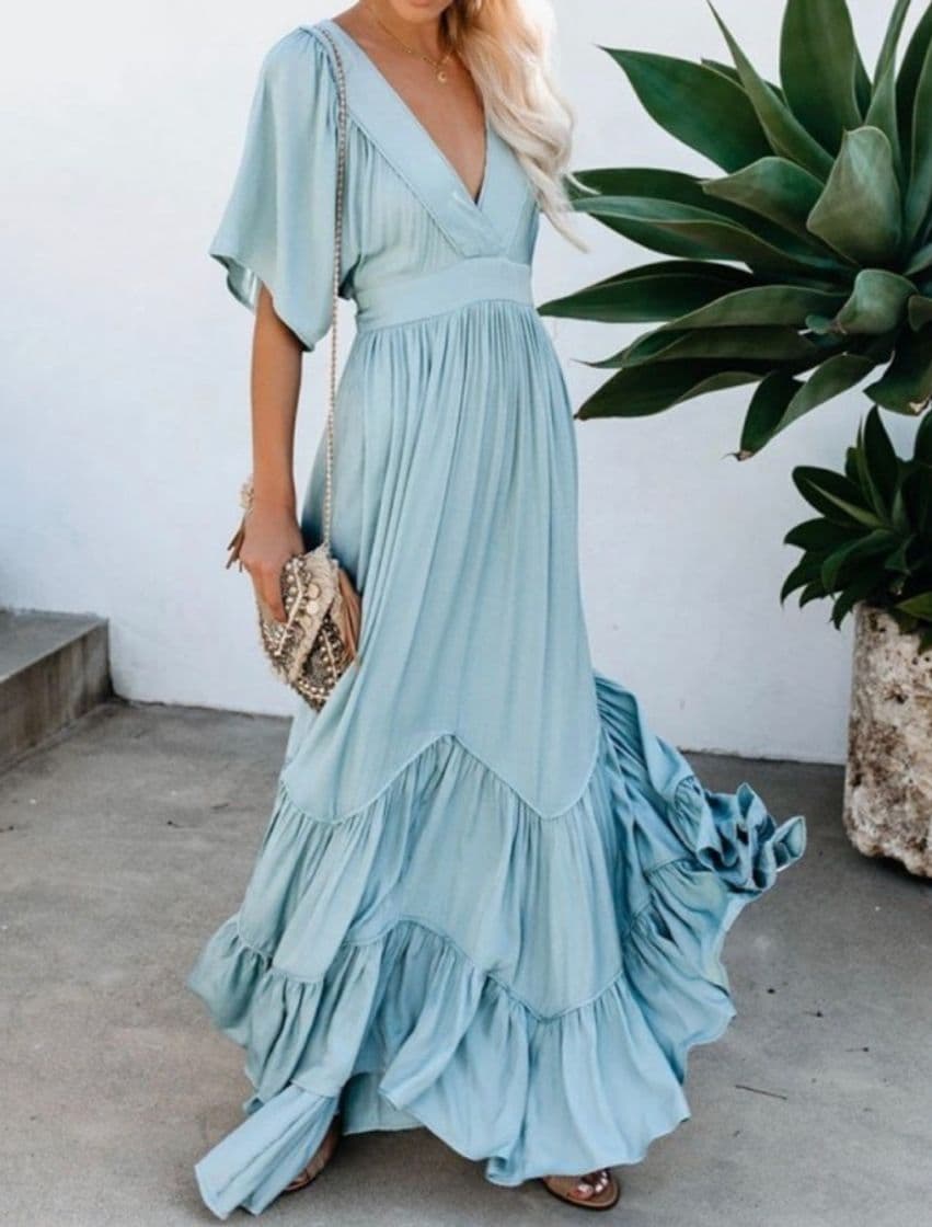 Fashion Floor Length Half Sleeve V Neck Maxi Dress