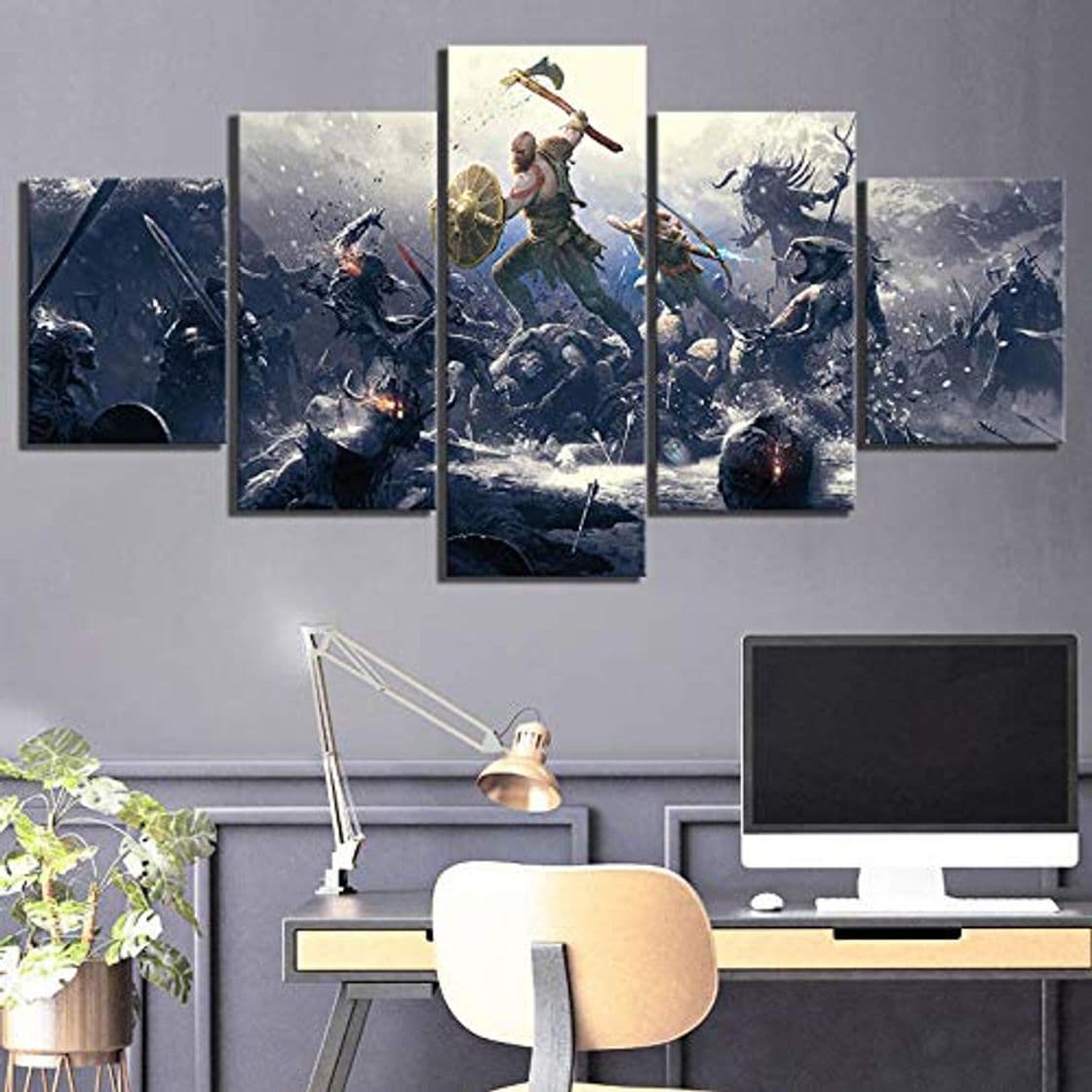 Product CHHYY 5 piezas pintura en lienzo papel tapiz pared HD póster Juego de personajes de dibujos animados God of War Impresión sala estar decoración del hogar moderna para pared del ho 200×100cm（sin marco）