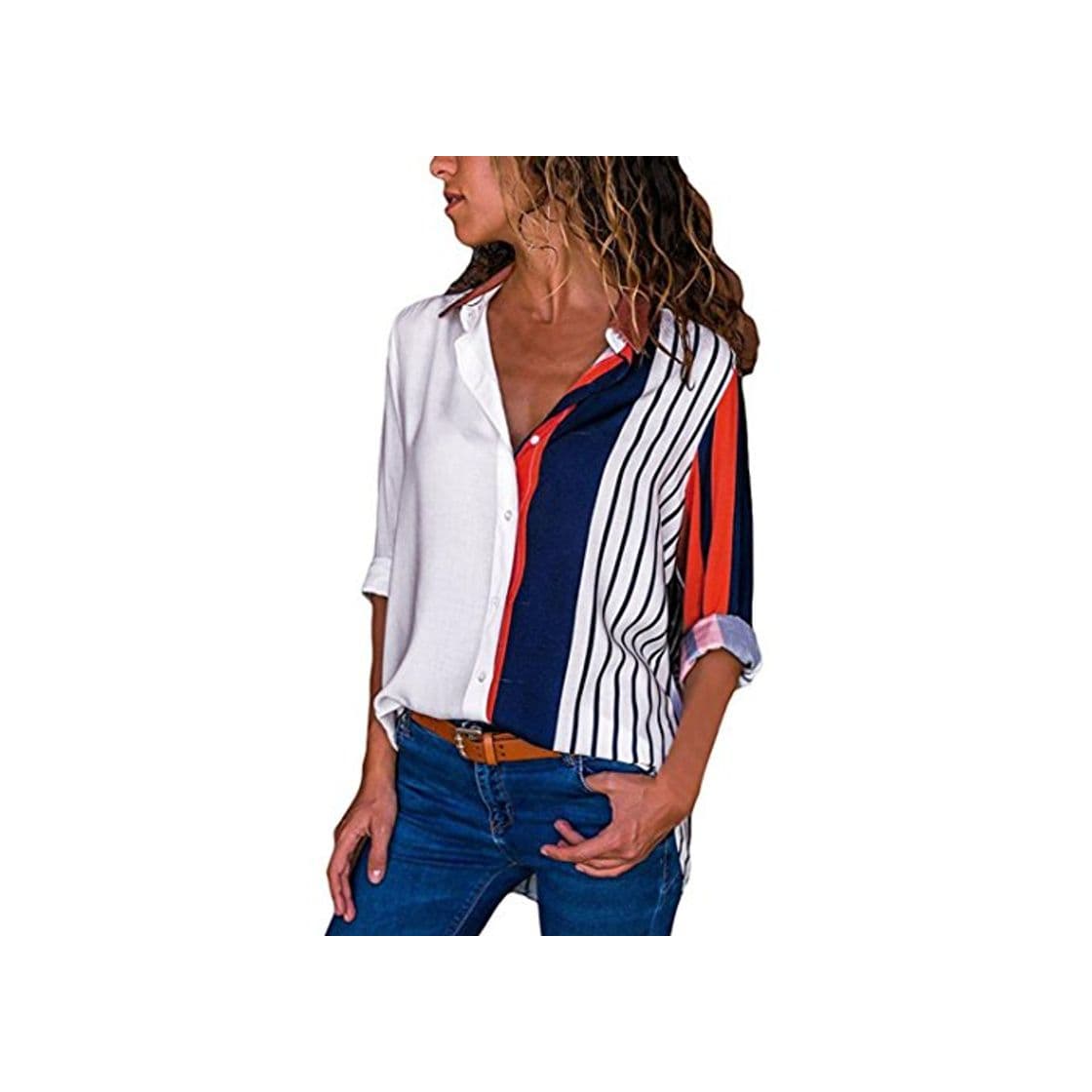 Producto Overdose Blusa para Mujer OtoñO Primavera Nueva Mejor Venta De Moda Casual De Manga Larga Color Block Stripe Button Camisetas Tops