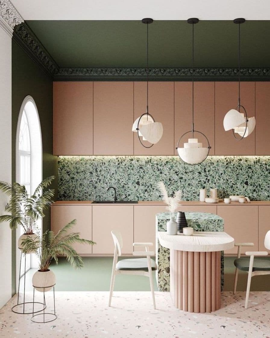 Moda Cozinha com Terrazzo verde e armário rosa