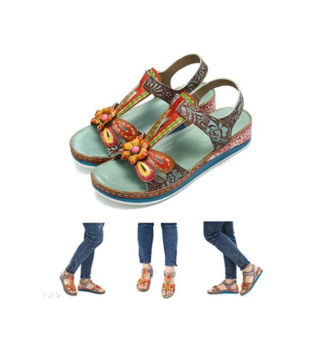 Fashion gracosy Sandalias Cuero Planas Verano Mujer Estilo Bohemia Zapatos para Mujer de