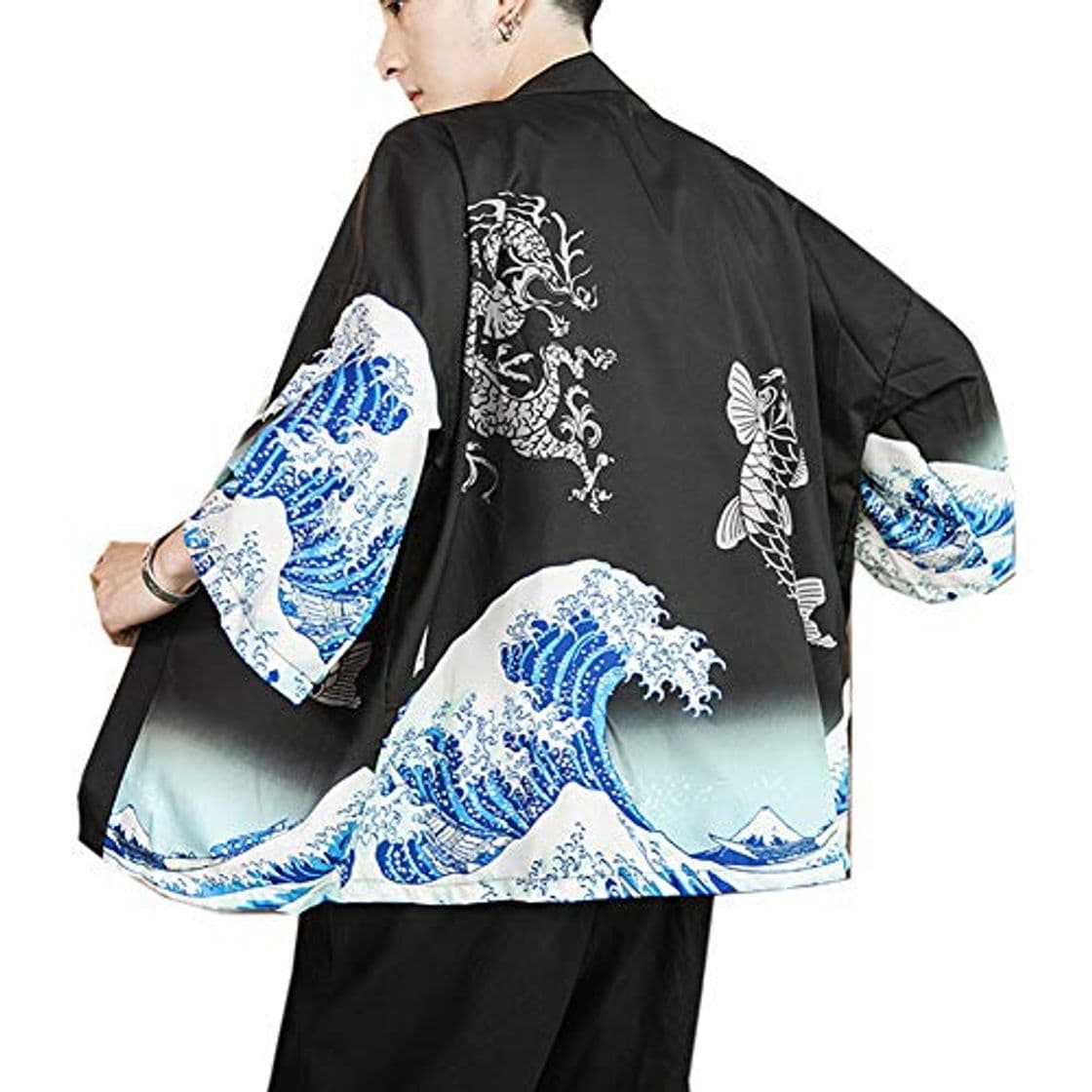 Moda Hombres Vintage Japonés Kimono Camisa Haori Cloak Abrigo Estampado Manga Larga Holgado Cárdigan