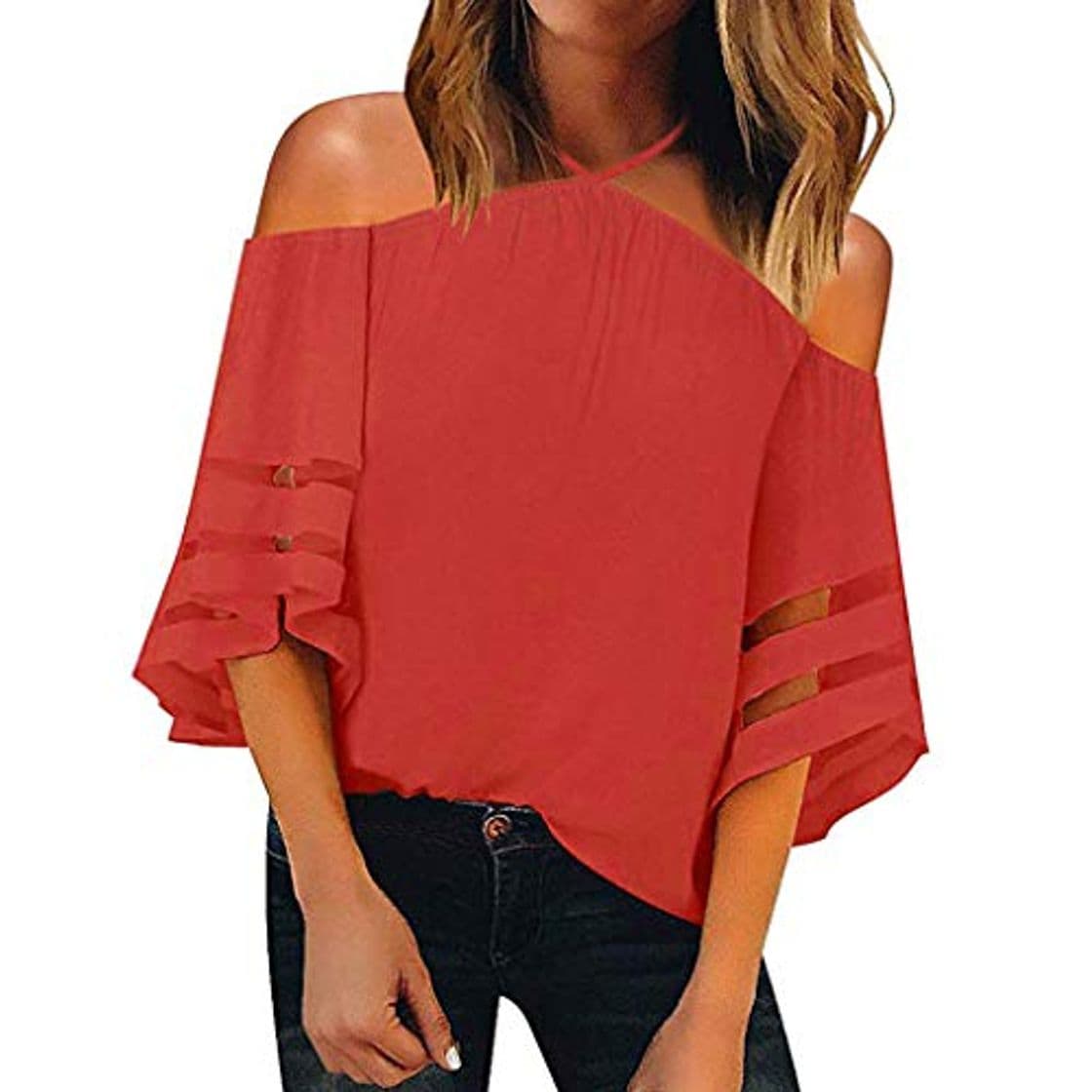 Producto MERICAL Top Mujer Fuera del Hombro Malla Panel Blusa 3/4 Camisa de