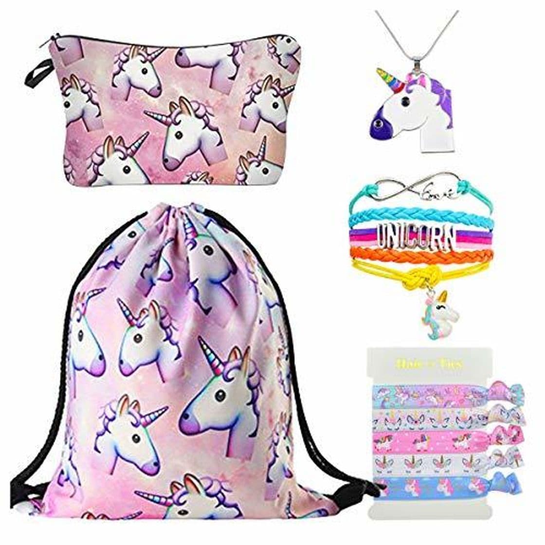 Product DRESHOW Unicorn Gifts for Girls Mochila con cordón/Maquillaje/Colgante Collar/Pulsera Pulsera