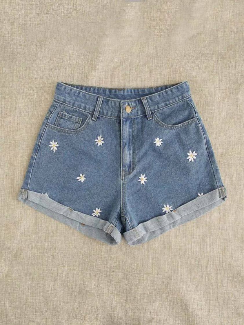 Moda Shorts Denim Con Bordado Floral De Margarita