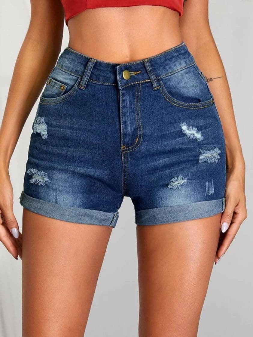 Moda Shorts Denim Rotos Bajo De Doblez