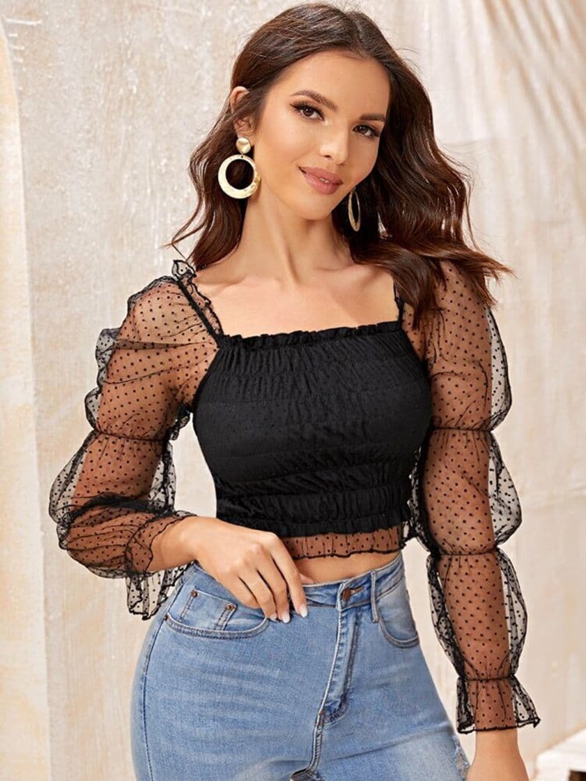 Fashion Dobby Mesh Sleeve Shirred Blouse | SHEIN USA