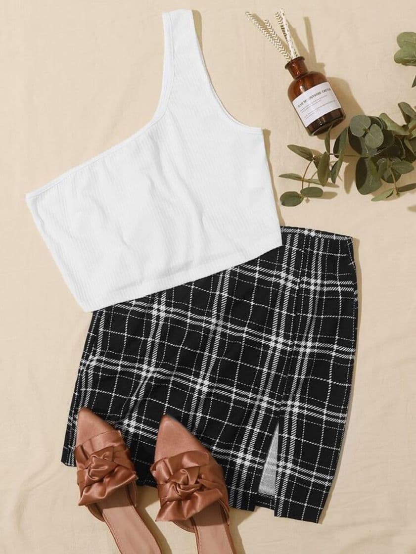 Fashion One Shoulder Rib-knit Top & Split Hem Plaid Skirt Set | SHEIN USA